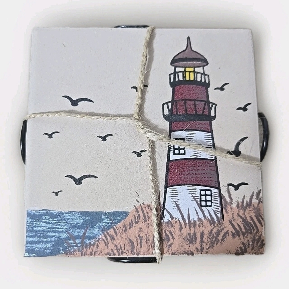 Vintage Lighthouse Coaster Set Of 4 With Holder